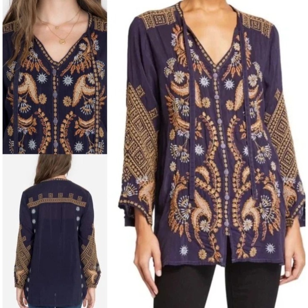 Johnny Was Navy Blue Embroidered V-Neck Blouse